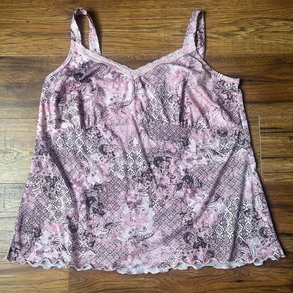 Y2K Babydoll‎ Top 2X Floral Pink and Purple Lettuce Trim Festival Summer Preppy